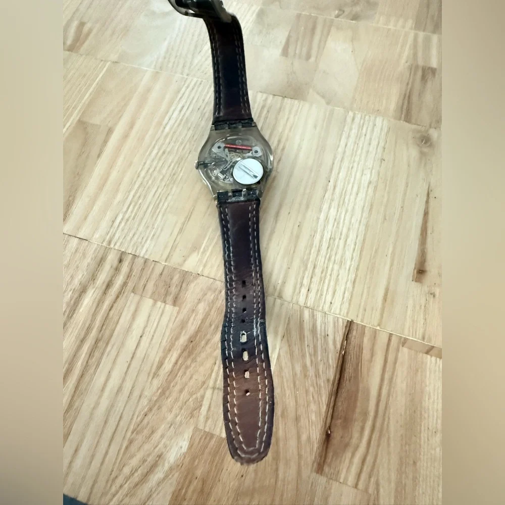 Swatch Blue dial brown strap, Blue Choco classic watch NEW BATTERY